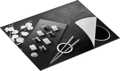 Chefcare Inductie Beschermer Sushi met Bloemen op Zwarte Marmer - Zwart Wit - 65x50 cm - Afdekplaat Inductie - Kookplaat Beschermer - Inductie Mat