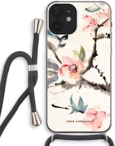 Case Company® - Hoesje met koord geschikt voor iPhone 12 mini hoesje met Koord - Japanse bloemen - Telefoonhoesje met Zwart Koord - Bescherming aan alle Kanten en Over de Schermrand