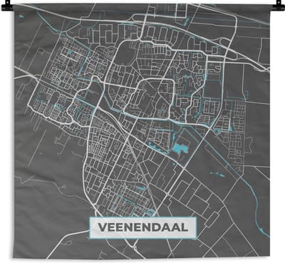 Wandkleed - Wanddoek - Plattegrond - Veenendaal - Grijs - Blauw - 60x60 cm - Wandtapijt - Stadskaart
