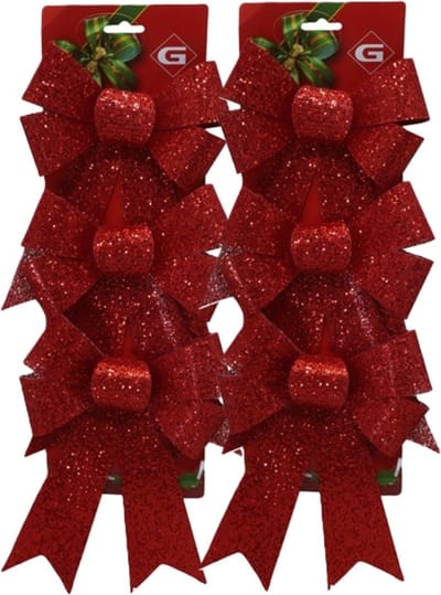 Gerimport kerstornamenten strikken - 6x st- rood - 6x24 cm - kerstboomstrikjes - kerstversiering