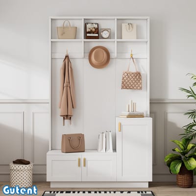 Gutent Garderobeset-met bankje en schoenenrek-met 3 haken-bergruimte-Maat: H200/B120/T40 cm-Wit