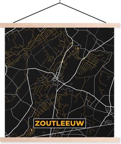 Posterhanger incl. Poster 40x40 cm - Schoolplaat - Plattegrond - Kaart - Zoutleeuw - Stadskaart - Goud - Textielposter - Blanke latten - Stadskaart