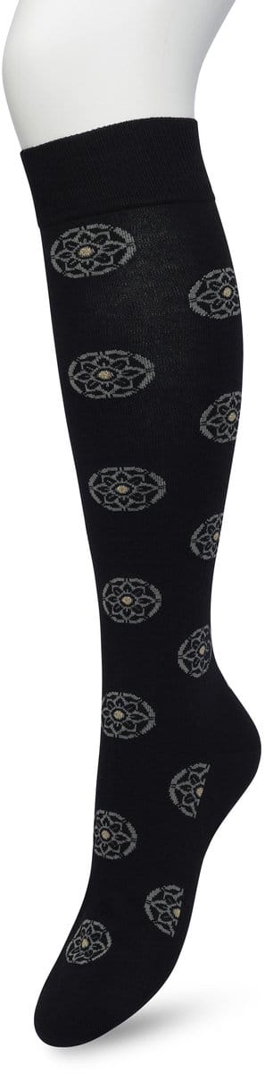 Bonnie Doon Dames Bloemen Kniekousen Zwart maat 36/42 - Knie Kousen - Gebloemd Patroon - Bloemen Print - Uitstekend draagcomfort - Mini Mandala Knee High - Kniesokken - Zakt niet af - OEKO-TEX - Black - BP221702.101