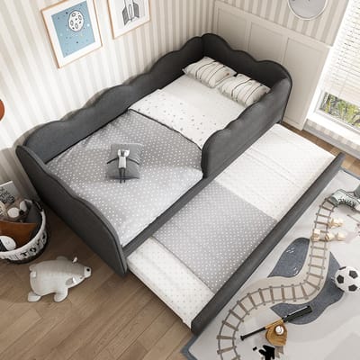 Pugsdrly Gestoffeerd bed Daybett 90x190cm, slaapbank met uitschuifbaar bed 90x190cm, kinderbed met lattenbodem, linnen, grijs, zonder matras