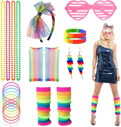 Thijox - 21-delige jaren 80 kostuum accessoires set dames, neon outfit met nethandschoenen, hoofdband, beenwarmers, ketting, armband, oorbellen voor f