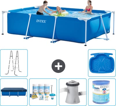 Intex Rechthoekig Frame Zwembad - 300 x 200 x 75 cm - Blauw - Inclusief Afdekzeil - Onderhoudspakket - Zwembadfilterpomp - Filter - Ladder - Voetenbad - 7-delig