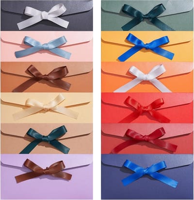 Kleurrijke Enveloppen met Linten - 12 Stuks Vintage Enveloppen van Parelmoer Papier voor Huwelijksuitnodigingen, Verjaardagskaarten en Cadeaubonnen, 22×11cm