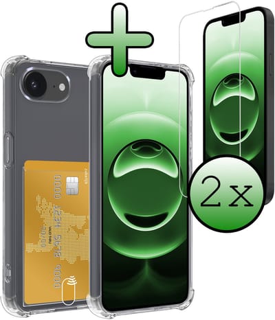 Hoesje Geschikt voor Apple iPhone 16e - Met 2x Screenprotector - Pashouder - Kaarthouder - Telefoon Hoes Shockproof - Siliconen Case - Back Cover - Shock Proof - Pasjes Houder - Transparant
