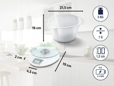 TIM® Keukenweegschaal digitaal met kom - Keukenweegschaal - Keukenweegschaal digitaal - Wit - 19cm x 22cm x 16cm