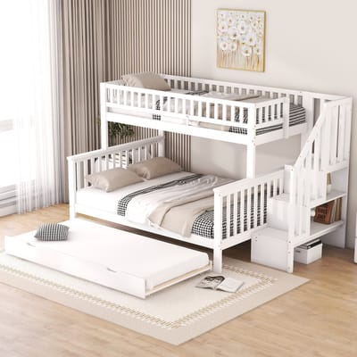 STILVORA Stapelbed 90x200cm En 140x200cm – Met Uitschuifbed En Opbergtrap – Met Lattenbodems – Met Opbergvakken – Zonder Matras – Wit