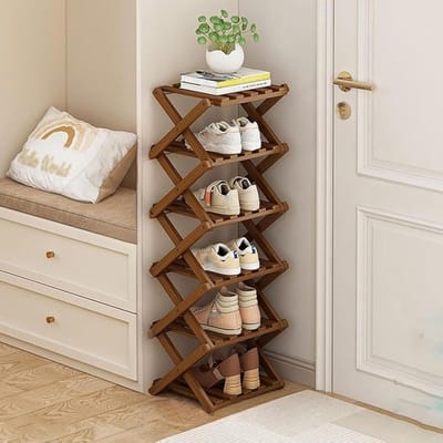 SnelShoppen - Bamboo Vouwbare Schoenenrek Klein, Houten Schoenopberger, Smal Hoog Schoen Storage Rek Voor Binnen, Hal, Entree, 2 Lagen, Tawny Kleur