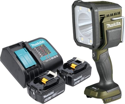 Makita DML 812 SG accu-handschijnwerper 18 V 1250 lm LED olijfgroen Outdoor Adventure speciale editie + 2x accu 6,0 Ah + oplader