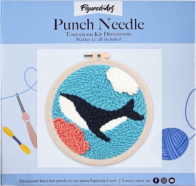 Figured'Art Punch Needle Kit voor Volwassenen en Kinderen - Orka in de zee - Perfect voor Beginners. Compleet klaar-om-te-borduren set, maat 20x20 cm met ronde frame