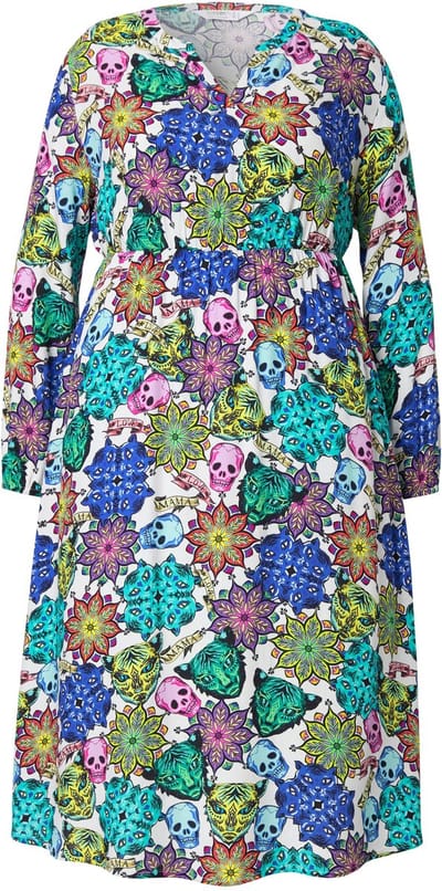 Angel of Style - Dames - Midi-jurk all-over doodshoofdprint lange mouwen - Noorderlichtblauw - Maat 42