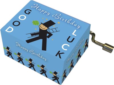 Muziekdoosje verjaardag blauw met GOOD LUCK en melodie Happy Birthday