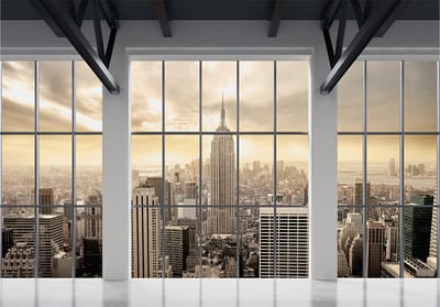 Fotobehangkoning - Behang - Vliesbehang - Fotobehang Uitzicht op New York vanuit het Raam 3D - Clouds over New York City - 200 x 140 cm