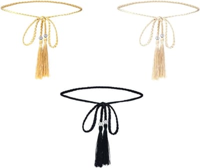 Dunne Gevlochten Tailleband voor Dames - Mode Accessoire met Kwastjes en Kralen in 3 Kleuren - Perfect voor Jurken en Rokken