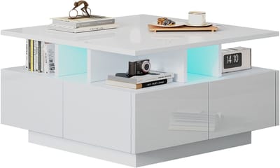 DESMIU Salontafel - Vierzijdige Laden En Lichtregeling - Voor Kleine Woonkamer En Sfeervolle Zitruimte - Spaanplaat - Wit - 70x70x40 Cm