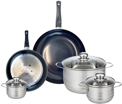 Set van 2 Koekenpannen 24 en 32 cm en 3 Kookpotten 12, 16 en 24 cm Elo Prima Glanzend