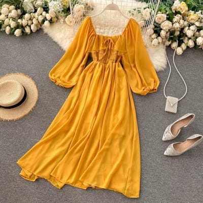 Chique elegante vierkante kraag maxi-jurk dames effen chiffon bladerdeeg mouw jurken Koreaanse mode vintage ruche vestidos One Size geel