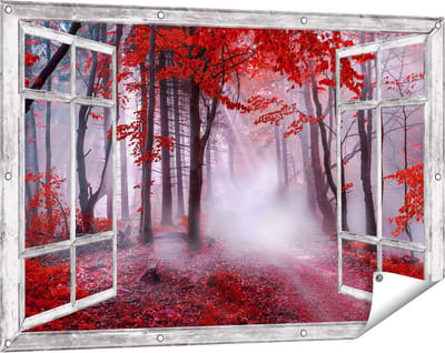 Gards Tuinposter Doorkijk Rood Bos met Bomen - 120x80 cm - Tuindoek - Tuindecoratie - Wanddecoratie buiten - Tuinschilderij