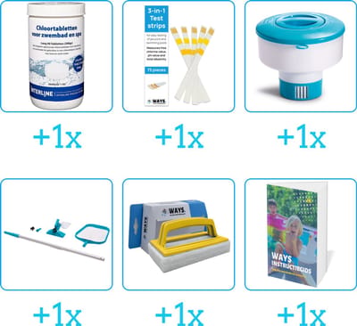Zwembad Onderhoudspakket - Onderhoud Zwembad - bevat Chloor - Testrips - Chloordrijver - Schoonmaakset - Scrubborstel en Zwembadgids (6-delig)