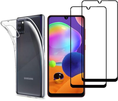 Hoesje Ultraslank geschikt voor Galaxy a31 backcover siliconen Transparant en 2 stuks ScreenProtector Gehard Glas met zwarte randen