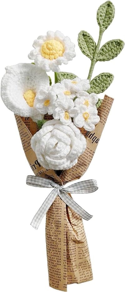 Gehaakte Bloem Boeket - Gebreide Kunstbloemen - Woondecoratie - Handgemaakt Uniek - 36 cm - Wit