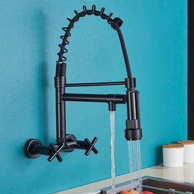 Keukenkraan in vintage-stijl, 360 graden, draaibaar, voor de keuken, wandmontage, dubbel, van messing, warm en koud