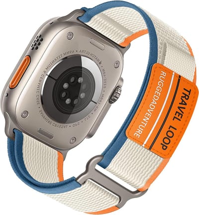 Stravo Trail Loop Sportbandje – Zachte Nylon Horlogeband met Klittenband – Geschikt voor Apple Watch 42mm (Series 11/10), 41mm (Series 9/8/7), 40mm (Series 6/5/4, SE 1/2/3), 38mm (Series 3/2/1) – Oranje/beige
