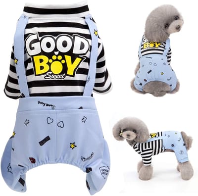 Oneay Hondenpakje, gestreepte puppypyjama, schattig honden- en kattenpakje, zacht katoenen shirt, kleding set voor huisdieren, geschikt voor kleine, middelgrote en grote honden en katten (grijs, maat S).