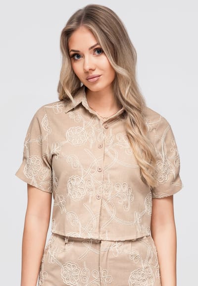 OMBRE Overhemd - Regular Fit - Katoen - Korte Mouw Beige S