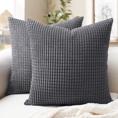Famanu - Corduroy kussenhoezen 40x40 cm donkergrijs set 2, patroon zacht rib, sierkussens voor sofa kantoor winter herfst