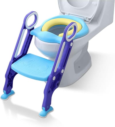 LZQ Toiletbril voor kinderen, met verstelbare trap, potjestrainer, kinderen, met zitschijf van zacht PU-materiaal, gestoffeerde zitting, geschikt voor kinderen van 1 tot 7 jaar, blauw en paars