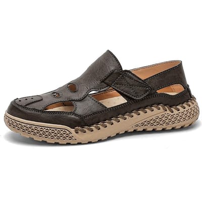 Ademende Zomerschoenen Comfortabele Leren Heren Casual Schoenen Outdoor Heren Sandalen Handgemaakt Uitgesneden Strand Flats Sneldrogend Romeinse Schoenen 46 black