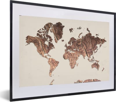 Poster in lijst - Fotolijst 60x40 cm - Posters - Wereldkaart - Houten Plank - Bruin - Posterlijst zwart - Decoratie - Wanddecoratie woonkamer - Muurdecoratie slaapkamer