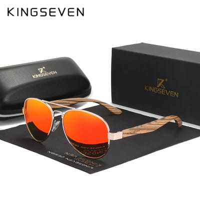 KINGSEVEN 5518 Pilotenbril - Zwart Frame met Spiegelrode Lenzen & Houtlook Pootjes