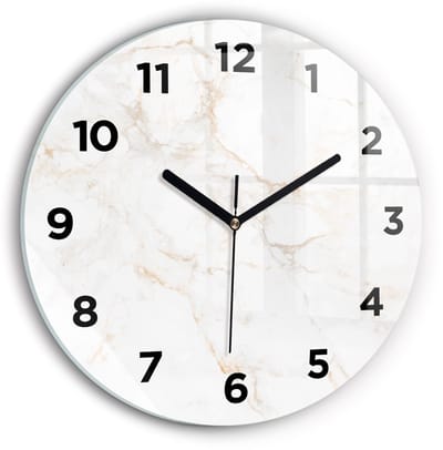 Wallfluent Wandklok - Elegant marmer Klok met Afbeelding - 30 cm x 30 cm - Wit Wandklok - Zwarte Handen - Wandklok Met Cijfers - Stille Wandklok Slaapkamer - Ronde Glazen Klok - Minimalistisch Wandklok - Klok met Afbeelding