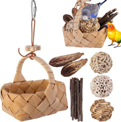 Vogel kauwspeelgoed set - Papegaai speelgoed mand - Stimuleert natuurlijk gedrag - Volledig natuurlijk hout - 150g - Meerkleurig