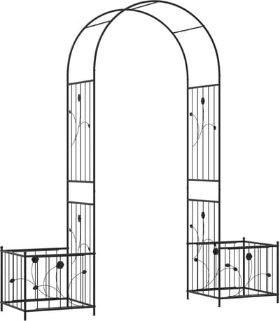 KOMFOTTEU Rozenboog met 2 plantenbakken, metalen tuinboog met klimrek, stevige, weerbestendige boog, klimhulp voor klimplanten, leiboompoort 198x49,5x221cm