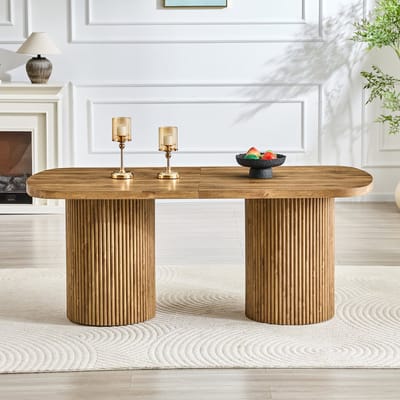 HAUSS SPOLE Eettafel - Ovale Tafel Met Geribbelde Zuilvoet - Voor Eetkamer En Keuken - MDF - 6 Tot 8 Personen - Houtkleur
