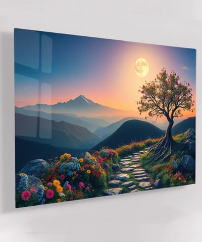 Glas Schilderij Blossom Tree Stone Path - 40x60 cm - Huis decoratie woonkamer - Keuken muur schilderijen - Wanddecoratie accessoires - Kamer interieur natuur
