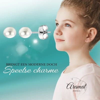 Aramat Jewels | Oorbellen | Stalen Witte Parel Oorbellen In Roestvrij Staal | 6mm | | | Staal | Kinderen, Volwassenen | Verkleurd niet