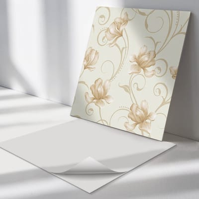 Wallfluent Vinyl Tegels - Bloemenpatroon met Golven Zelfklevende Vinyltegels - 30 cm x 30 cm - Beige Vinyl Tegels - 9 stuks - Vierkant PVC Tegels - Bloemen En Planten Plaktegels - Vloer Tegels PVC - Plaktegels Keuken en Badkamer