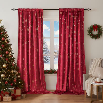 Qelus 2 Stuks Gordijnen Kant en Klaar - Luxe Fluwelen Korte Gordijnen met Gouden Folie - Sneeuwvlok Goudfolie Verduisterend & Lichtwerend - Feestelijke Sfeer voor Woonkamer & Slaapkamer - B 132 x H 214cm(Rood)