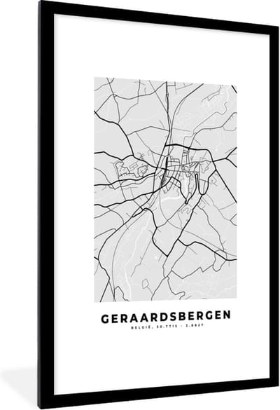 Fotolijst incl. Poster Zwart Wit- Stadskaart – Zwart Wit - Kaart – Geraardsbergen – België – Plattegrond - 80x120 cm - Posterlijst