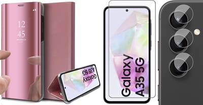 Hoesje geschikt voor Samsung Galaxy A35 - Screenprotector Glas & Camera - Spiegel Book Case Rosegoud