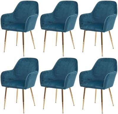 Set van 6 eetkamerstoelen MCW-F18, keukenstoel, retro design ~ fluweel mint, gouden poten