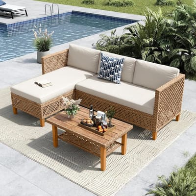 Tuin Loungeset 5-Delig L-Vorm 185x122x63 cm – Rotan Hoekbank met Dubbele Salontafel & Opbergruimte – Beige met Kussens – Weerbestendige Balkon & Terras Set – Urbanhome