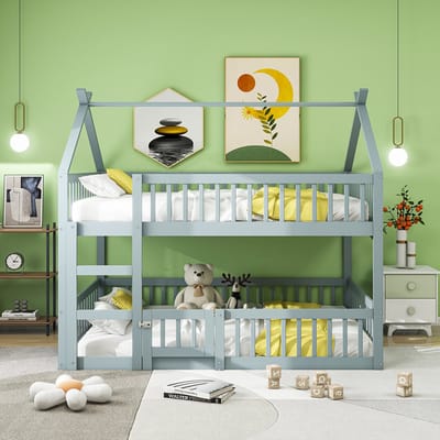 KOMHTOM Stapelbed 140x200 cm Kajuitbed met trap voor kinderen Loft bed massief hout Grijs